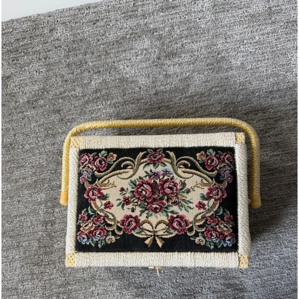 Vintage Wicker Sewing Basket Floral Tapestry Padded Lid Woven Craft Box Gold